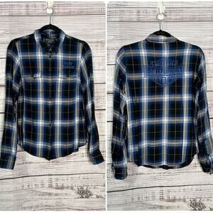 Harley Davidson Small Black Blue Plaid Womens Button Down Shirt Long‎ Sleeve